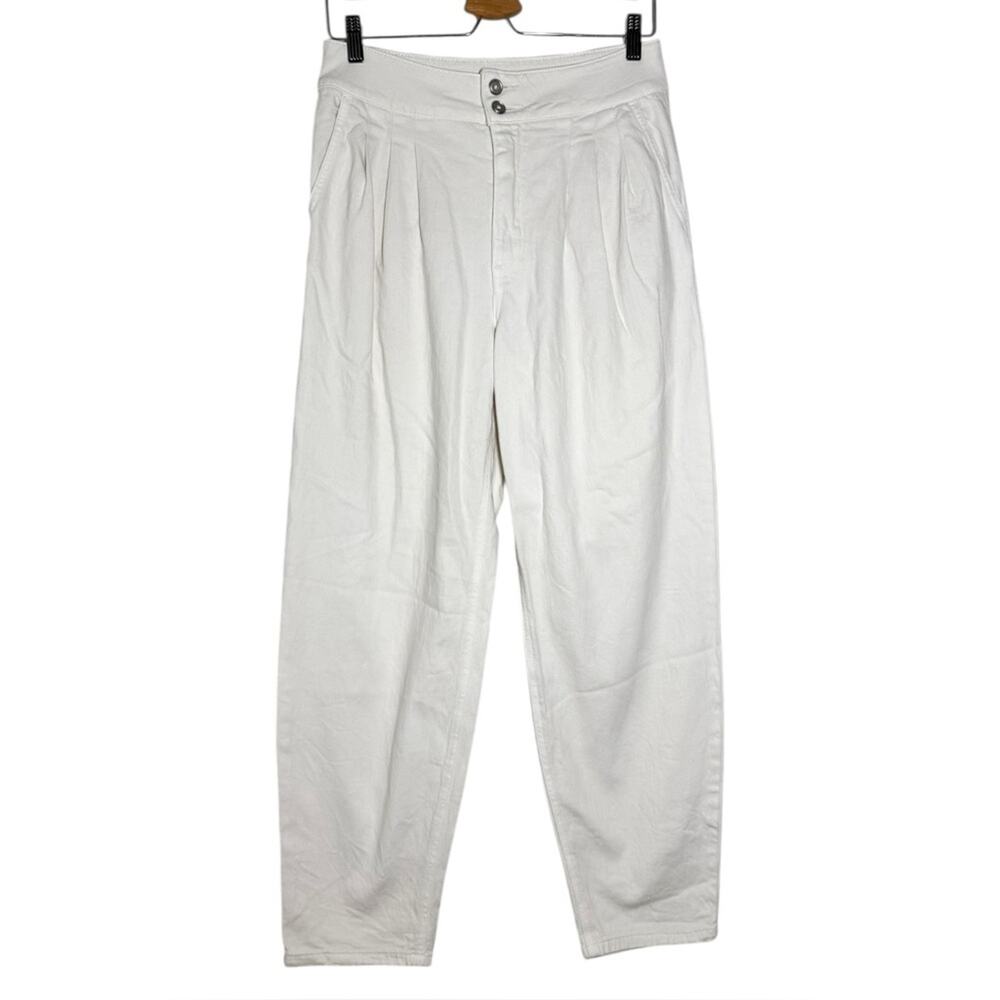 Pilcro Anthropologie Cream White Cotton Blend Pleat Taper Straight Leg Pants 28